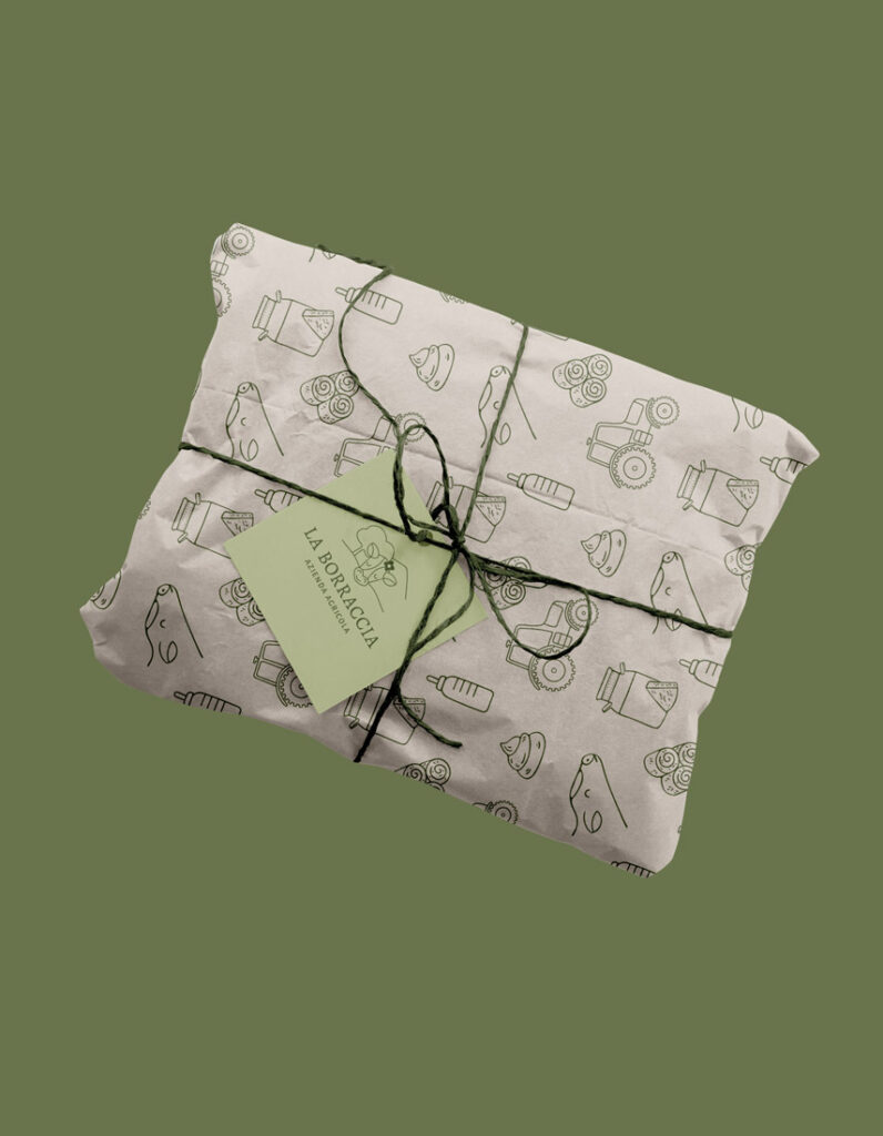 mockup packaging con pattern e logo la borraccia applicato