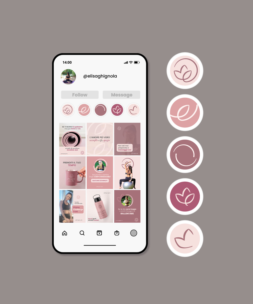 Mockup profilo instagram e icone highlights Pilates con Ely